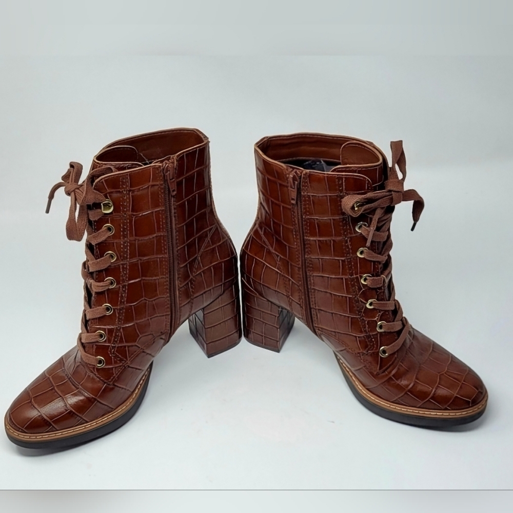Naturalizer Callie Croco Embossed Women's Boots Side Zip Lace-Up Brown Size 9